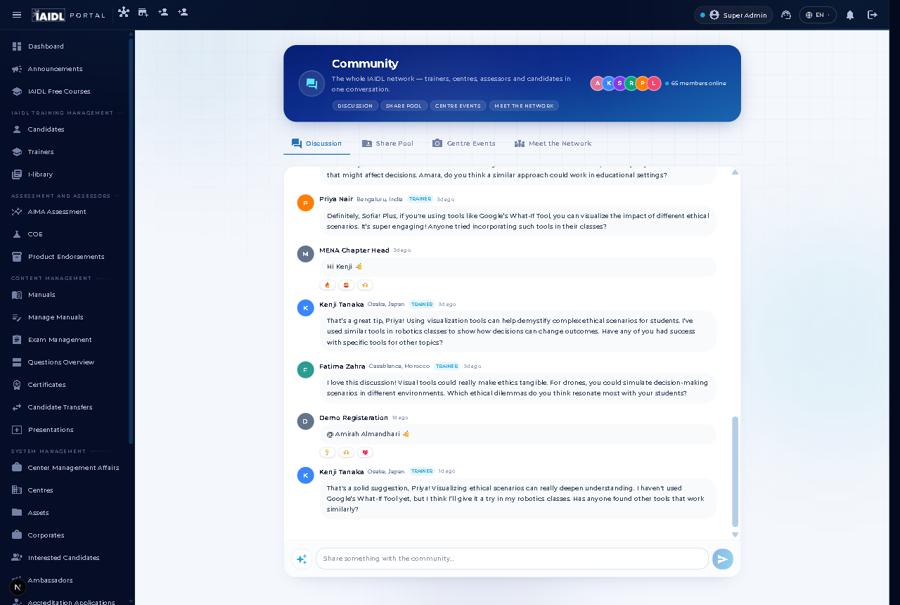 Community — trainers, centres and candidates in one live network feed, with automatic PII masking on every message.