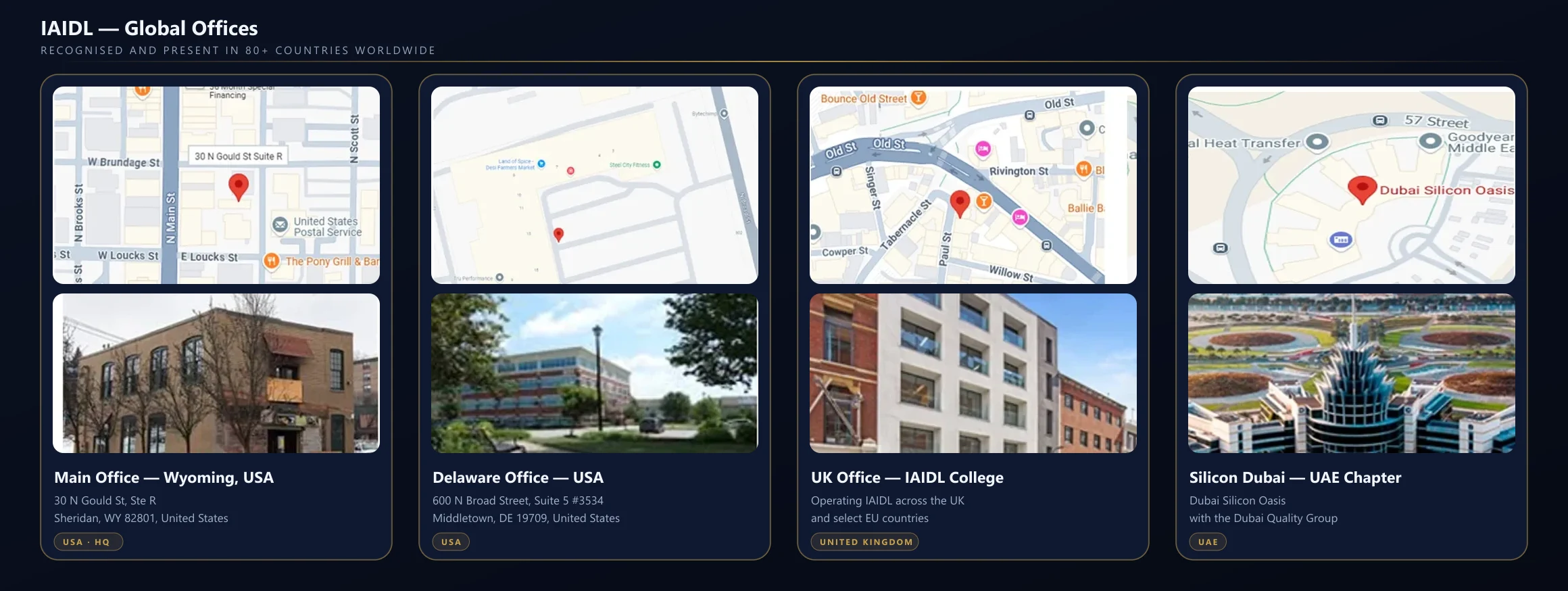IAIDL office locations — Wyoming, Delaware, UK and Dubai